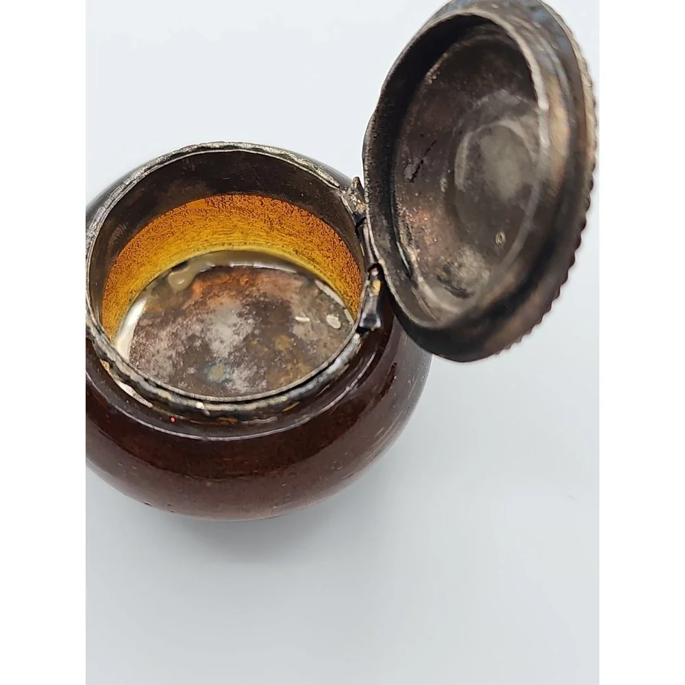 Vintage India Amber Glass Trinket Box Silver Tone Hinged Lid Footed Jewelry Box